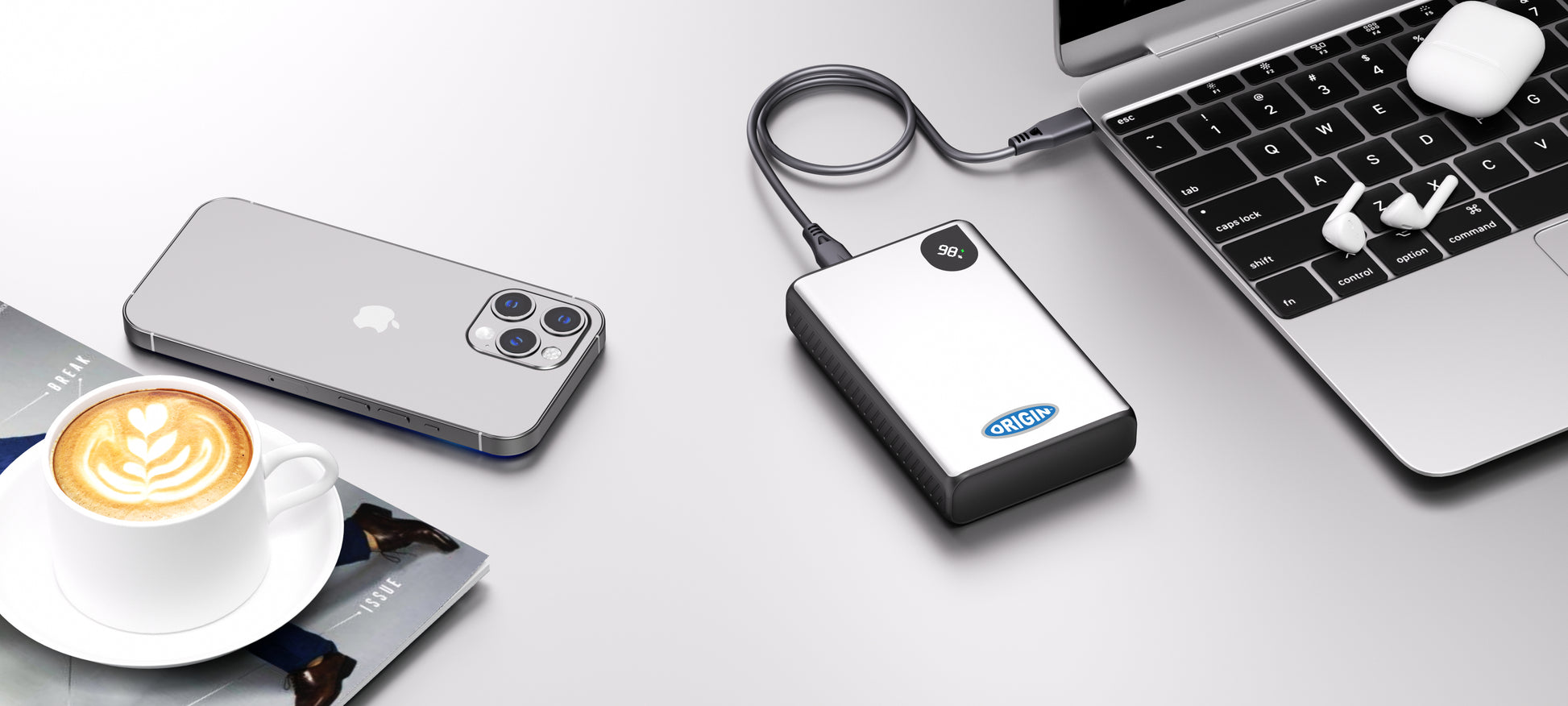 Origin Storage Powerbank 20'000 mAh – 65 W PD, 2× USB-C, 1× USB-A, silber
