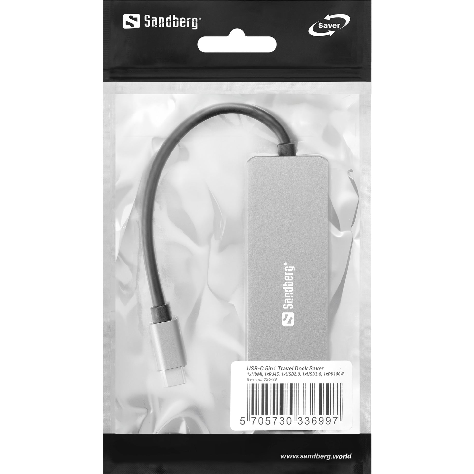 Sandberg 336-99 Multiport-Adapter – USB-C, 1× HDMI, 2× USB-A, 100 W PD, GbE, für Windows/MacOS