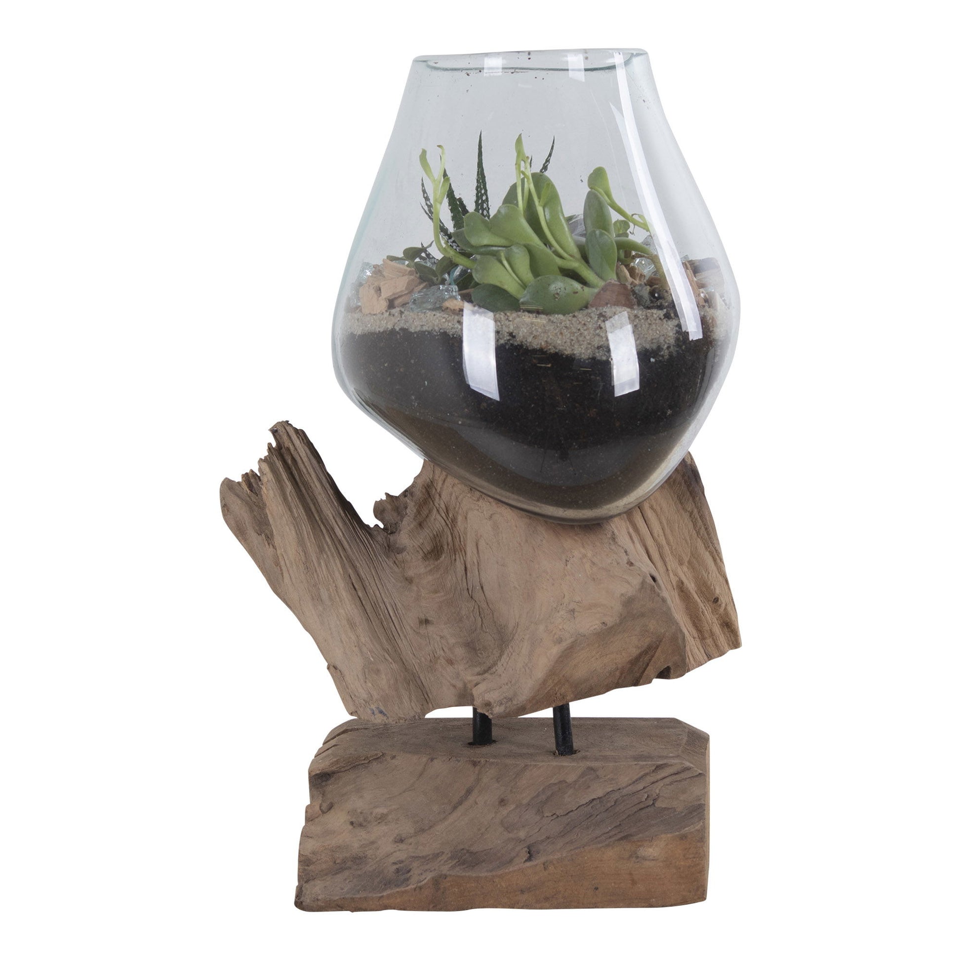 House Nordic Schale – mit Kunstpflanzen – Glas & Stahl & Teak, natur – 18 × 15 × 25 cm