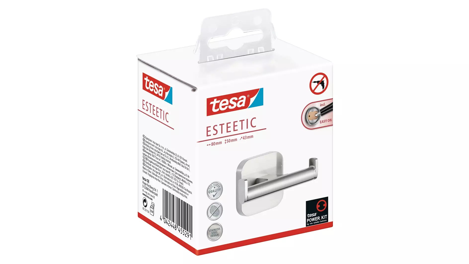 tesa Handtuchhaken – Klebemontage – 8 × 5 cm – Grau – Edelstahl