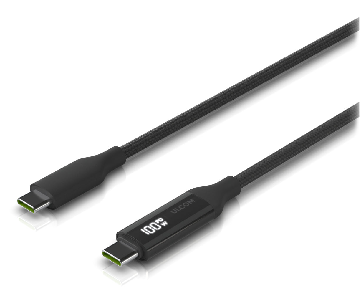 Ubiquiti USB-C auf USB-C Kabel – 7 m – PD 100 W – Geflochten, LED-Display – Schwarz/Grau