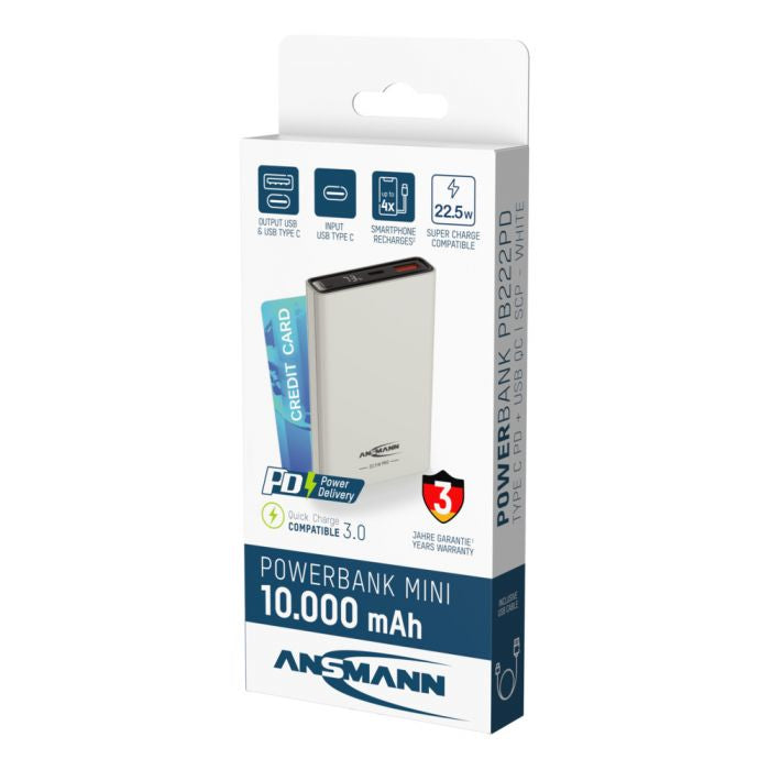 Ansmann PB320PD Powerbank 10'000 mAh – 22,5 W PD, 1× USB-C, 1× USB-A, weiss