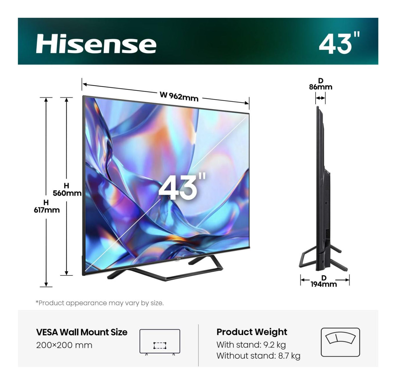 Hisense A7DS 43A7DS – 43" QLED Fernseher – 4K UHD – VIDAA – 60 Hz – Dolby Vision