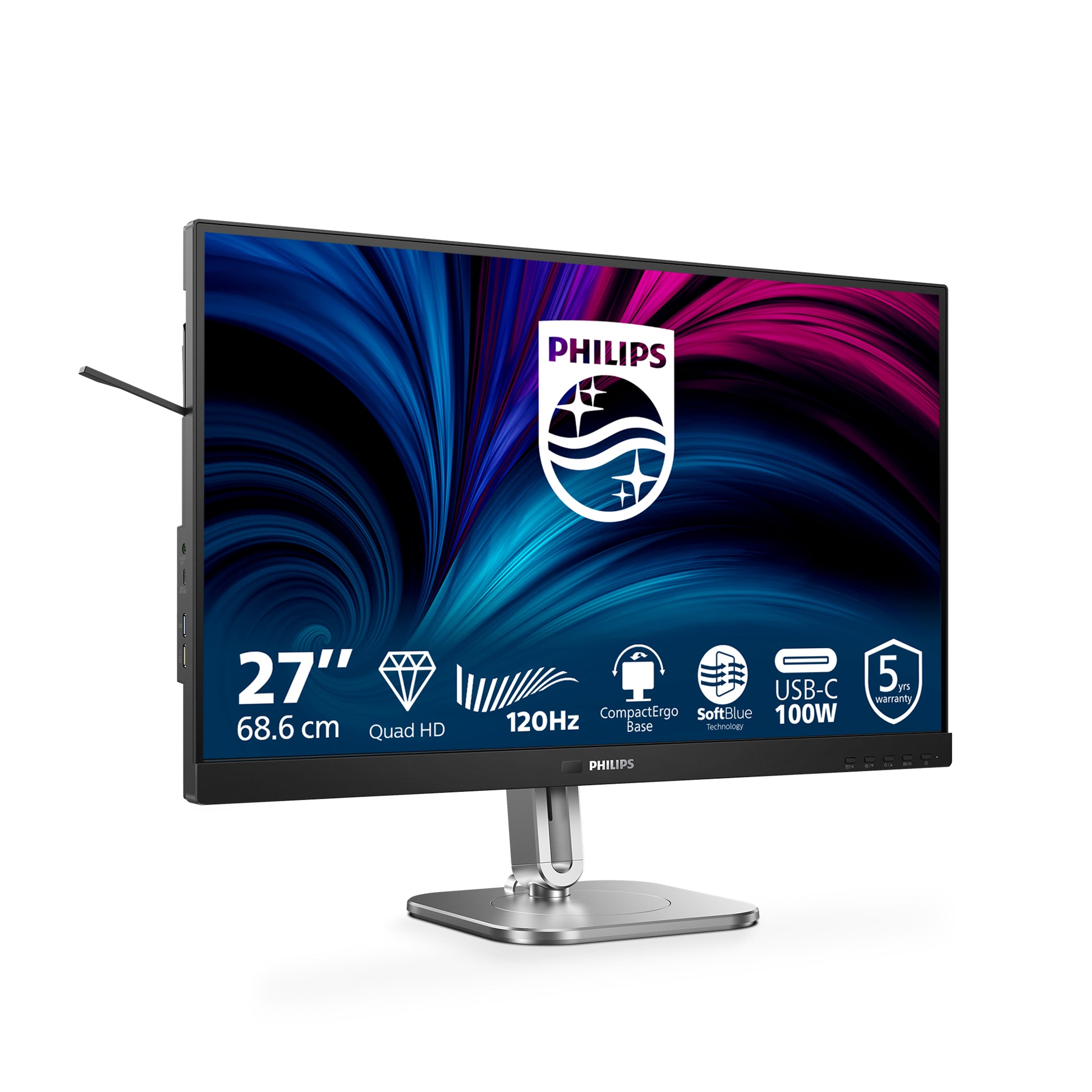 Philips 27B2U4601/00 – Monitor, 27", IPS, 120 Hz, USB-C (PD 100W), Pivot, Lautsprecher, Dunkelgrau
