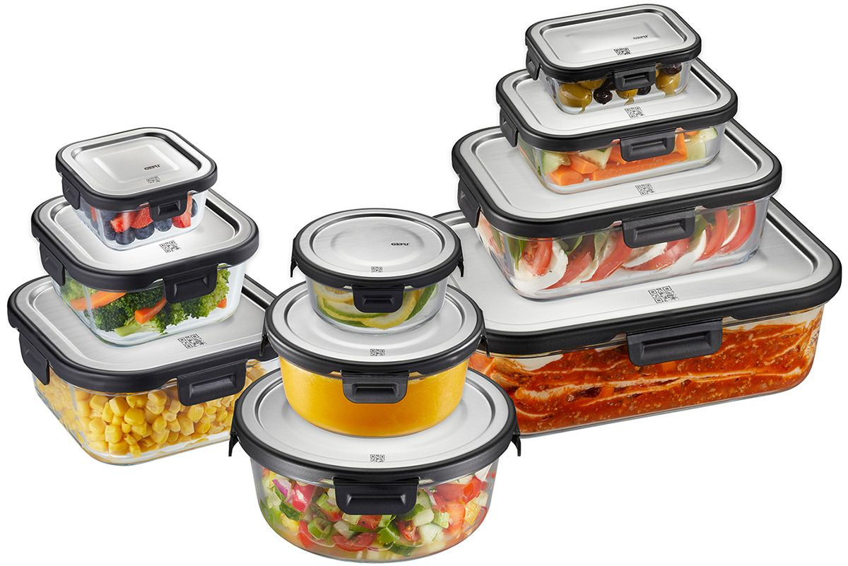 GEFU Vorratsdose 1,5 l, 17,6 × 23,2 × 7,5 cm, Glas, Edelstahl-Deckel, transparent/schwarz