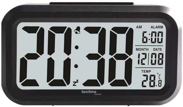 Technoline Digitalwecker – Funk, Schlummerfunktion, Thermometer/Hygrometer, Nachtlicht, 7,5 × 13,5 × 4,8 cm, Schwarz
