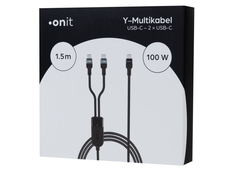 ONIT USB-C auf 2×USB-C Kabel – USB 2.0 (480 Mbit/s) – 1,5 m – PD 100 W – Textilmantel, LED-Anzeige – Schwarz