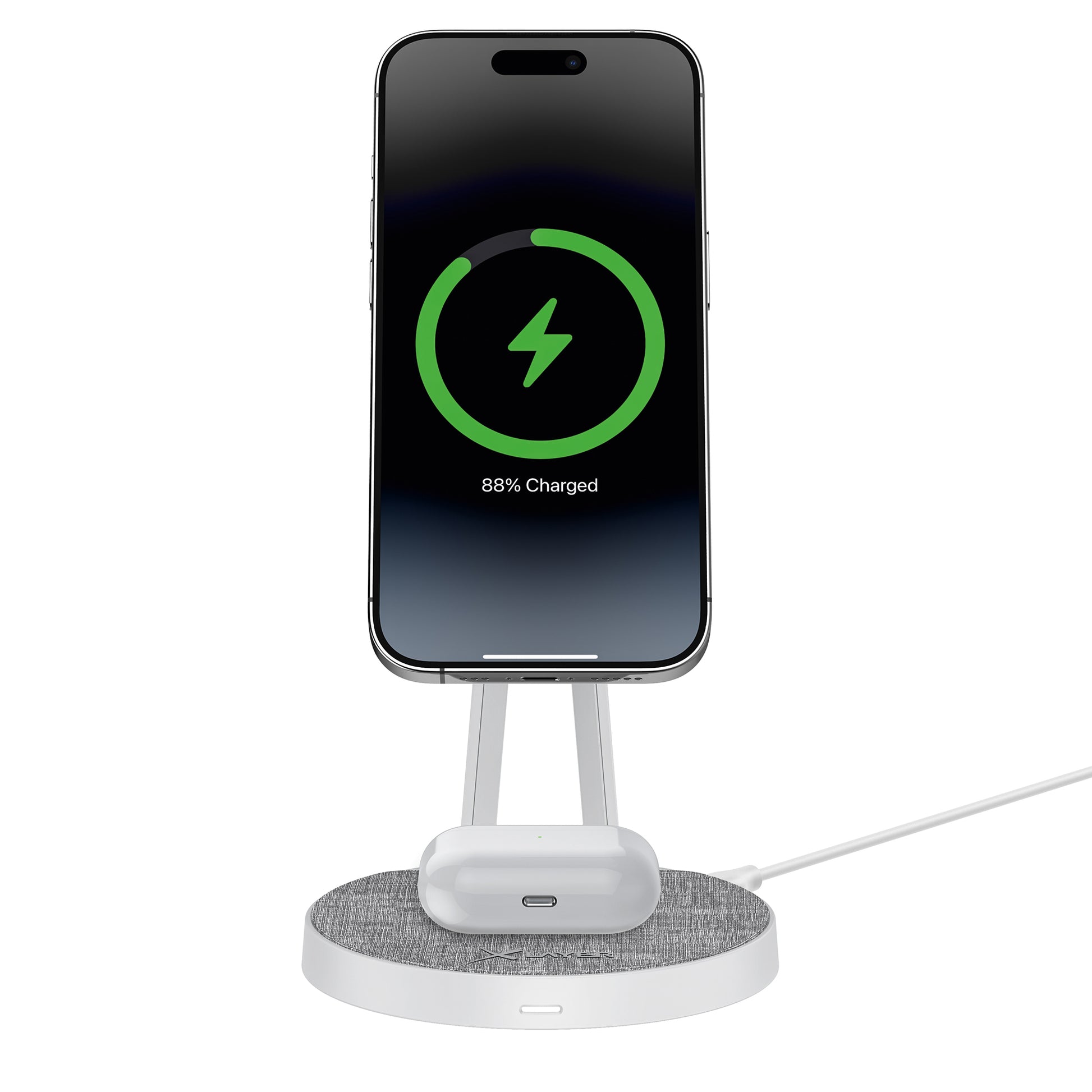 XLayer MagFix Pro 2-in-1 Ladeständer – MagSafe-kompatibel – 15 W/3 W – für iPhone/AirPods – Grau/Weiss