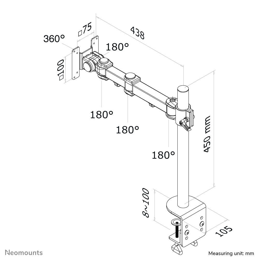 Neomounts FPMA-D960 – Monitorarm, Tischklemme, bis 30", VESA 75 × 75/100 × 100 mm, 10 kg, höhenverstellbar