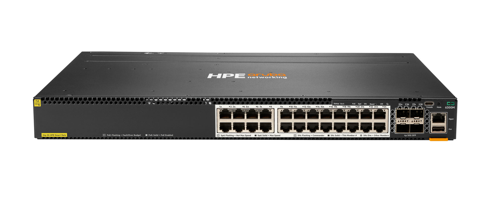 HPE Aruba CX 6300M 24SR5 CL6 – Verwalteter L3 Switch – 24× 1/2,5/5G, 4× SFP56, PoE++, PoE-Budget 1440 W, 19", 1U