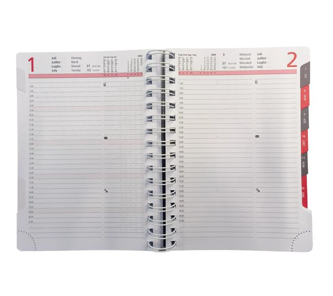 Biella Registra plus Agenda – 1 Tag pro Seite, Wire-O, 14,5 × 20,5 cm, 2026, 1/2-Stunden-Takt, Grau, FSC