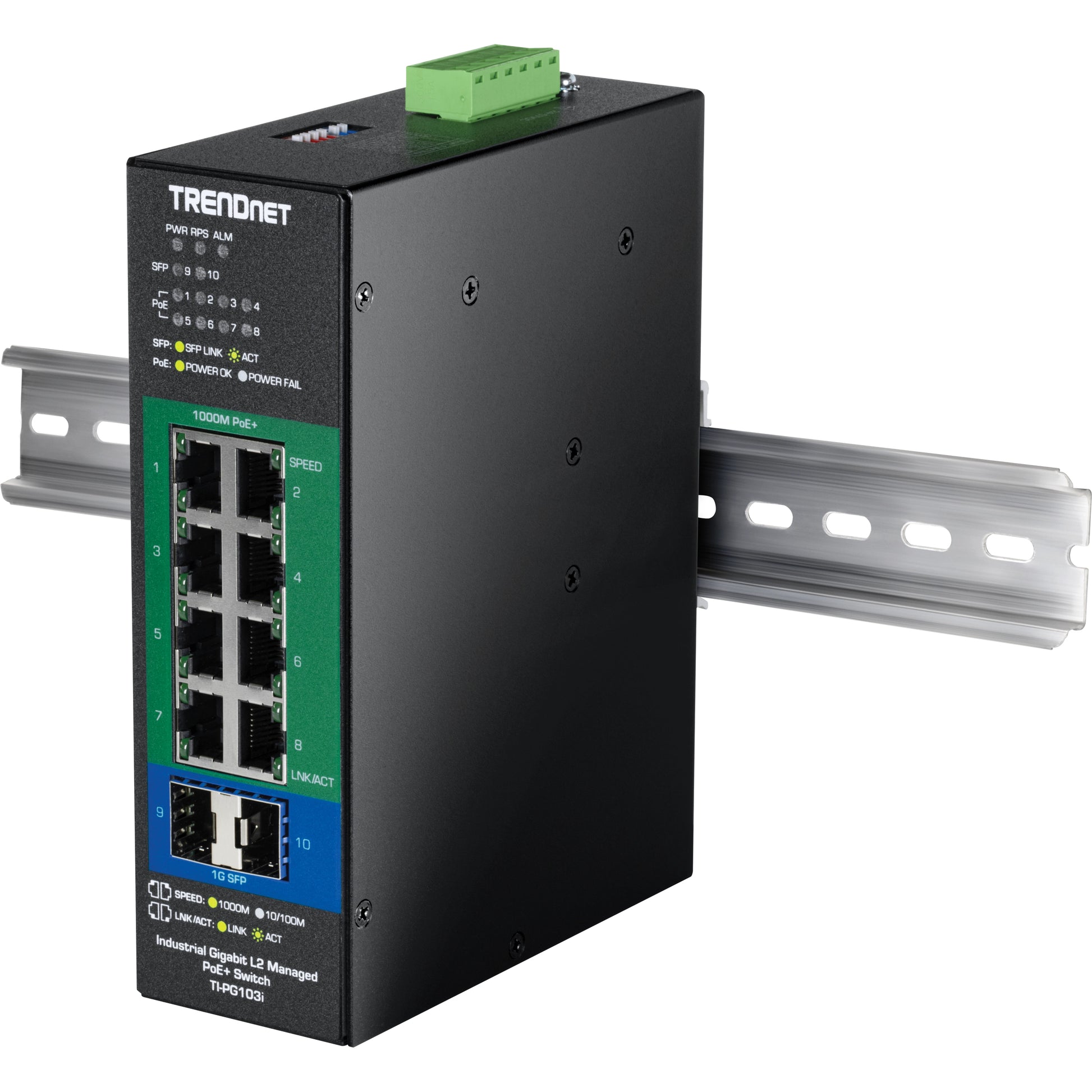TRENDnet TI-PG103i – Managed L2 Switch – 8× 1G, 2× SFP, PoE+, PoE-Budget 240 W, DIN-Schiene