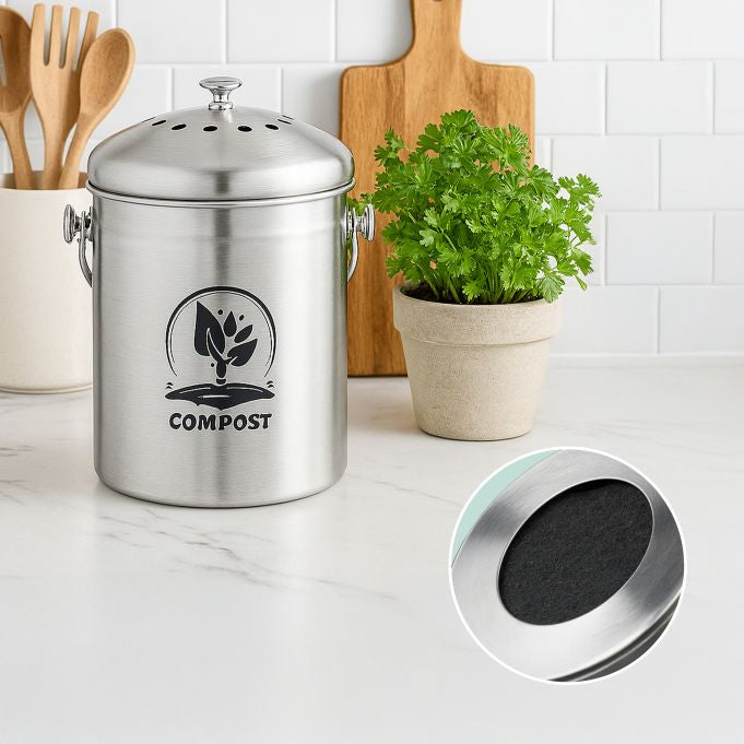 Relaxdays Komposteimer 10051224_55 – 5 l – Edelstahl, Oval – Schwarz/Silber – mit Geruchsfilter