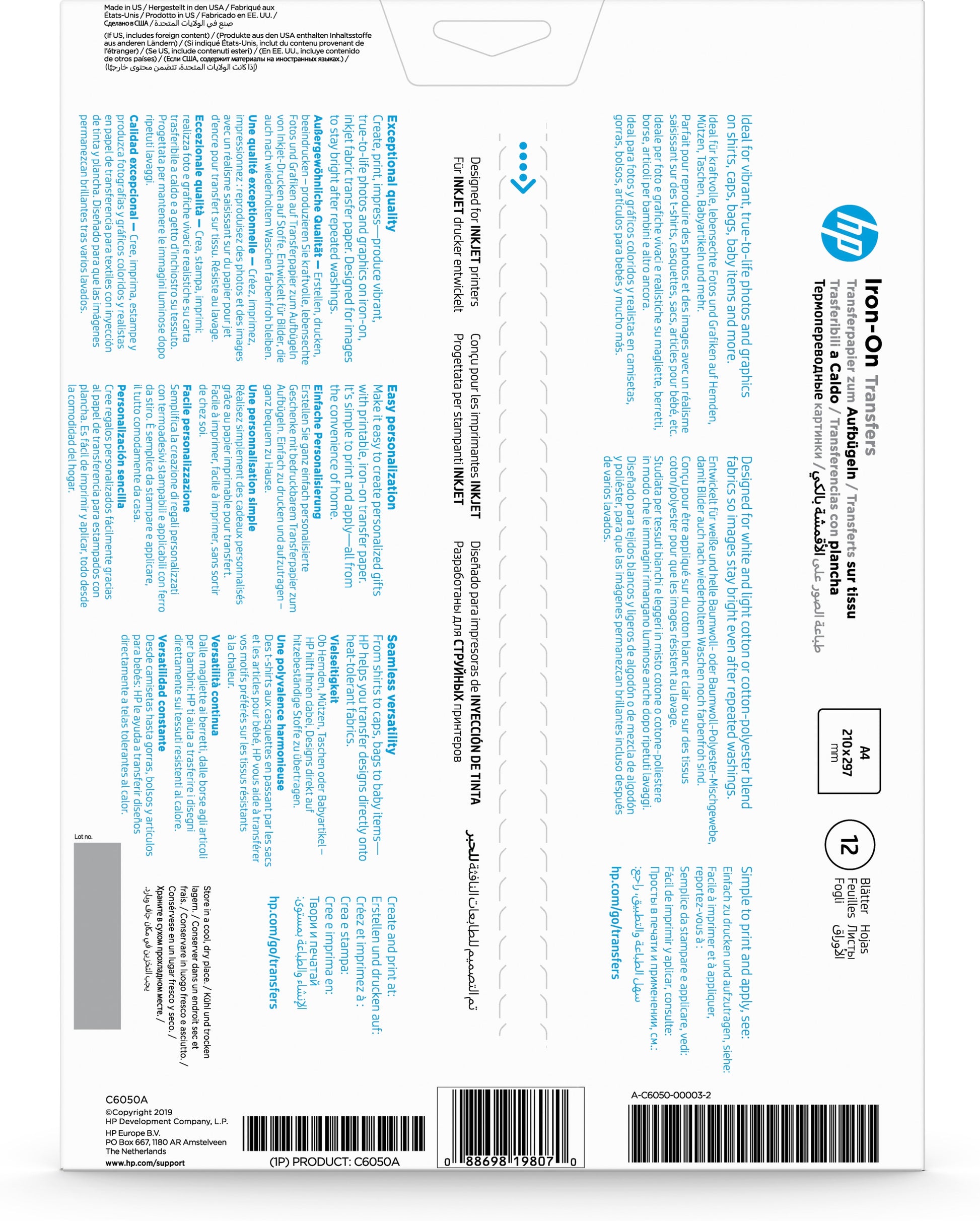 HP Transferpapier – für Inkjetdrucker, für helle Textilien, A4, 170 g/m², waschbar bis 40 °C, 12 Blatt