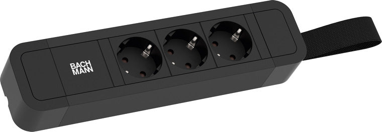 Bachmann PRIMO 2 Steckdosenleiste, 3×T13, 2 m, Eingang CEE 7/7, Aluminiumprofil, Aufhängeschlaufe – Schwarz