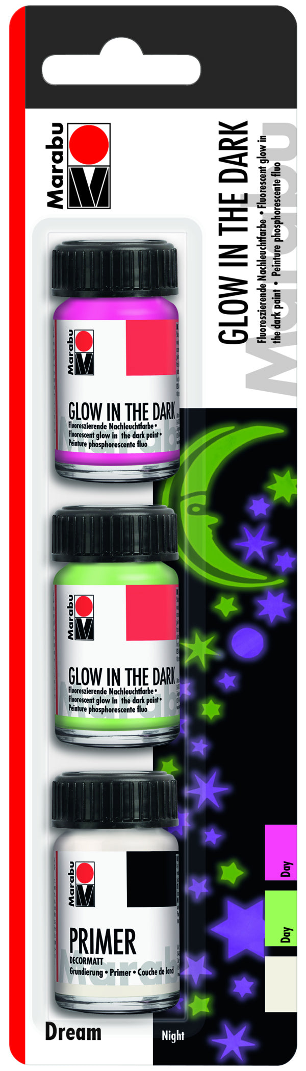 Marabu Glow in the Dark Leuchtfarbe – Grün, Pink – 3-teilig 3×15 ml (45 ml) – für Glas, Keramik, Holz