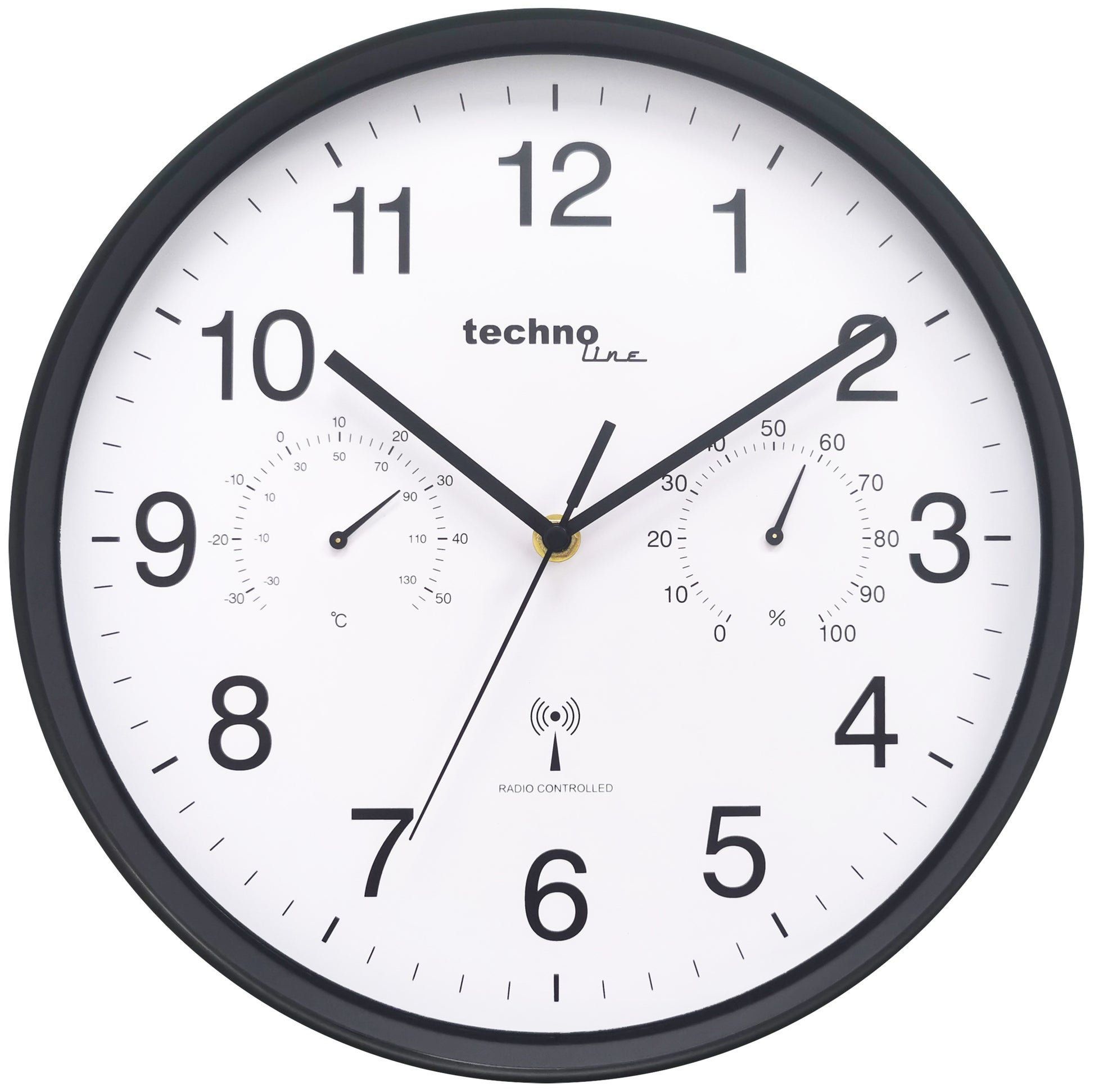 Technoline WT 8945 Wanduhr – Funk, analog, Thermometer & Hygrometer, Ø 30,0 cm, schwarz