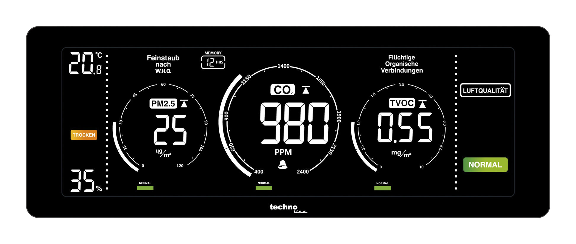 Technoline WL 1035 – Multisensor/Raumsensor, Temperatur & Feuchtigkeit, PM2.5, TVOC & CO2, LCD-Display – Schwarz