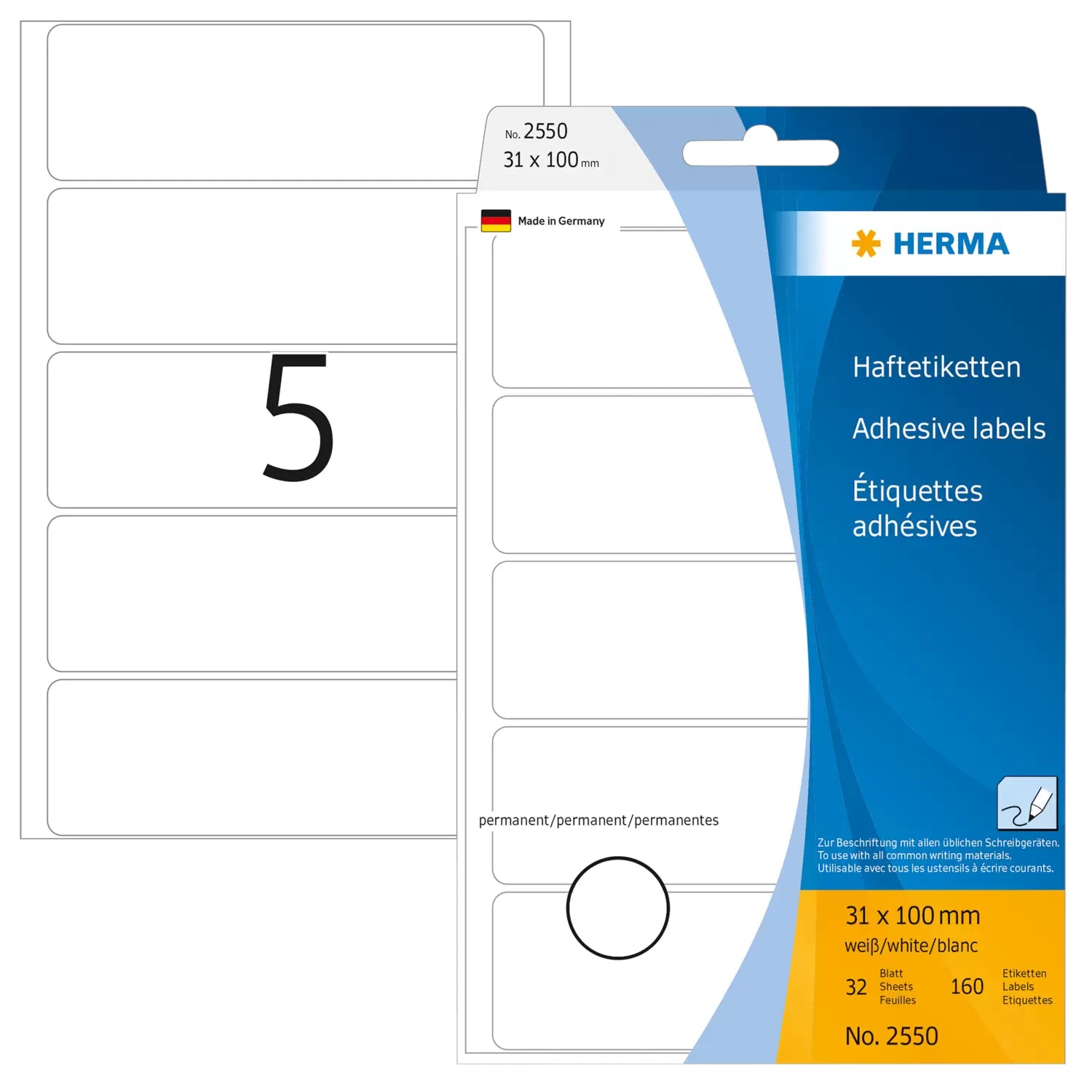 HERMA Schuletiketten – 31 × 100 mm, Abgerundete Ecken, 160 Stk, 32 Bogen, Papier, Permanent Haftend