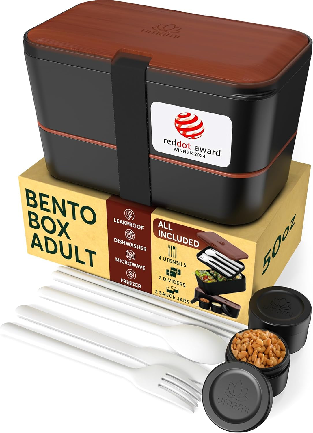 Umami Nestable Bento – Lunchbox 1,5 l, 11 × 18,2 × 7 cm, Polypropylen (PP), schwarz/holz, leckdicht
