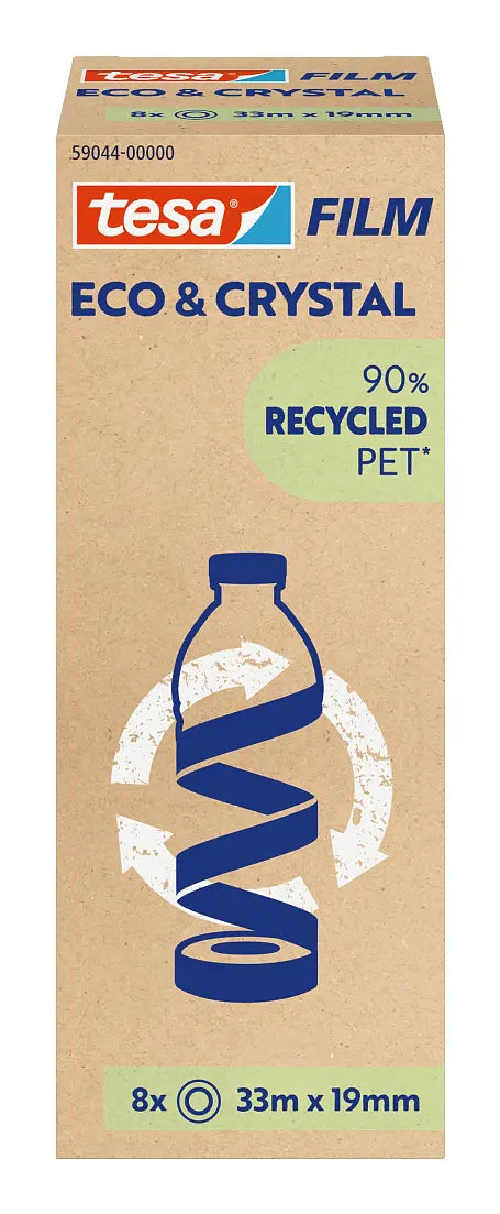 TESA Eco & Crystal Klebefilm – 19 mm × 33 m, transparent, PET, reissfest, 8 Stück