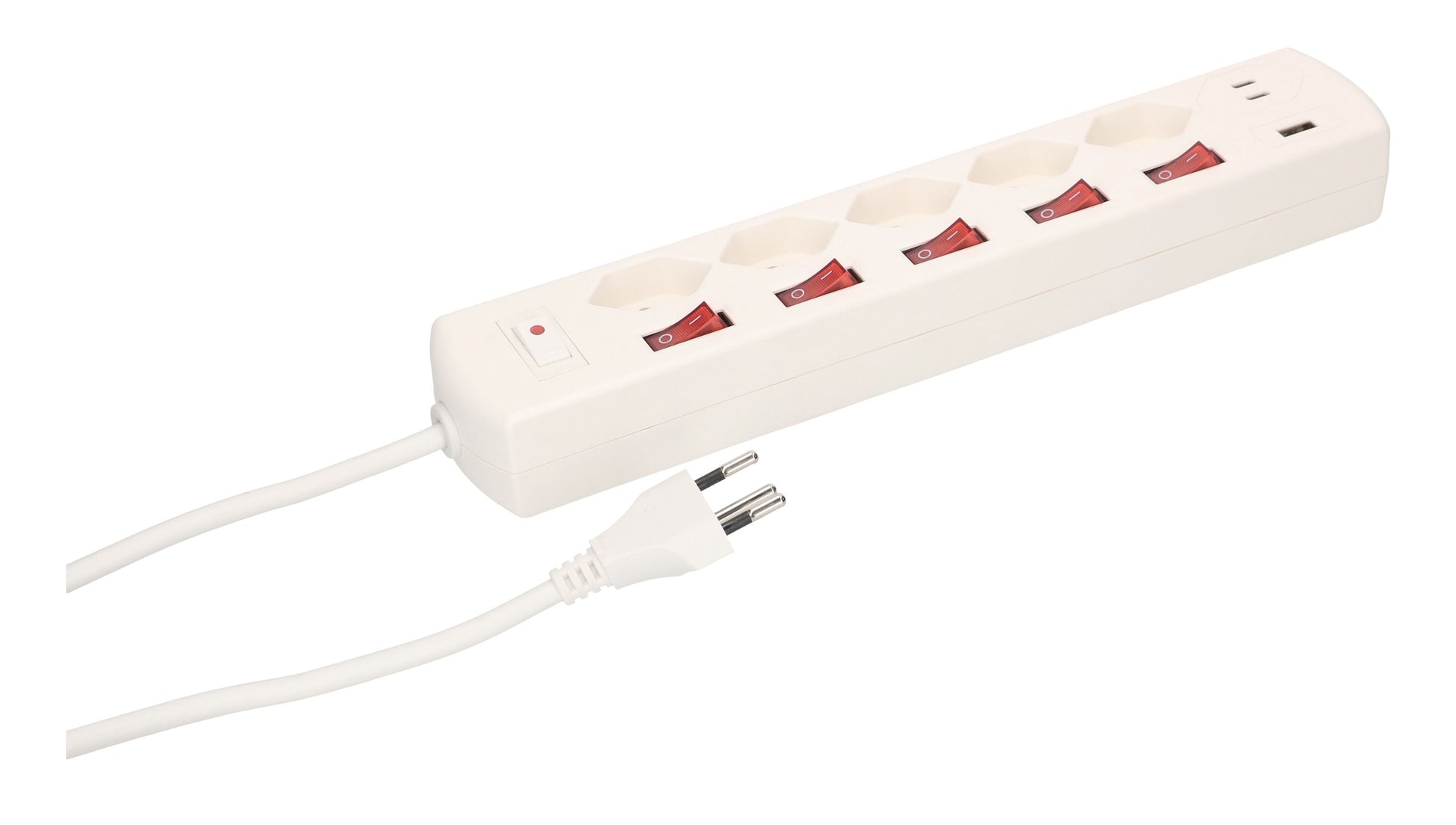 Max Hauri AG Max Hauri Steckdosenleiste, 5×T13, 1×USB‑A 18 W + 1×USB‑C PD 20 W, mit Schalter, 1,5 m, Eingang T12 – weiss