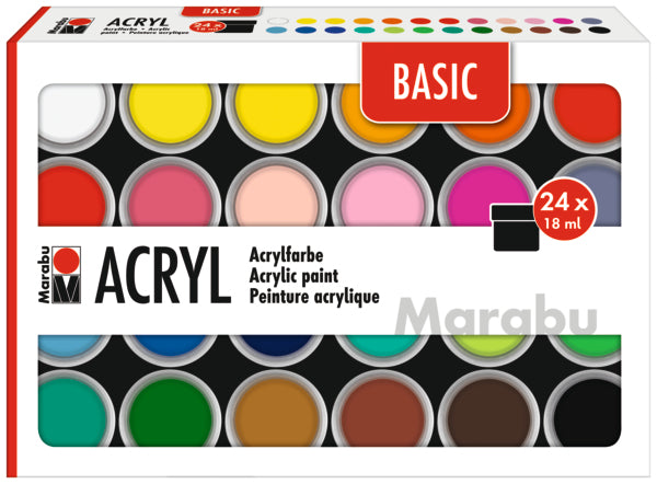 Marabu Acrylfarbe – Mehrfarbig – 24 Farben (24×18 ml, 432 ml) – für Karton, Papier, Holz