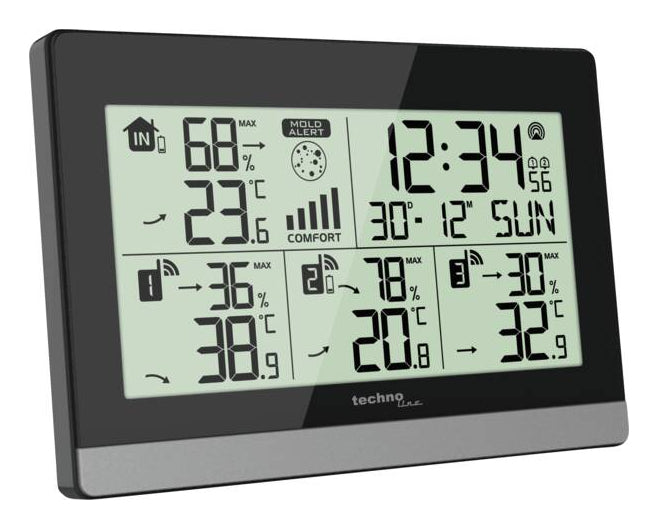 Technoline WS 7065 – Wetterstation, innen/aussen, Hygrometer, bis 3 Aussensensoren – schwarz