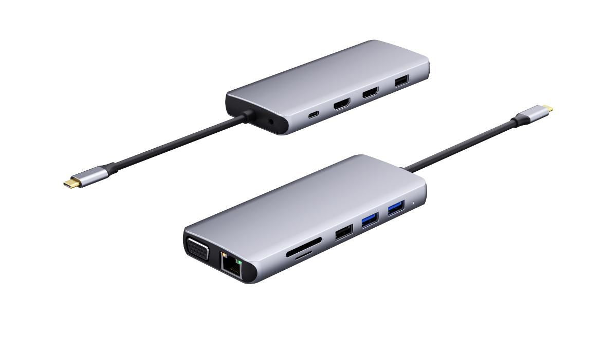 eSTUFF Multiport-Adapter – USB-C, 2× HDMI, 1× VGA, 4× USB-A, 100 W PD, GbE, 3,5 mm Audio, für USB-C-Geräte