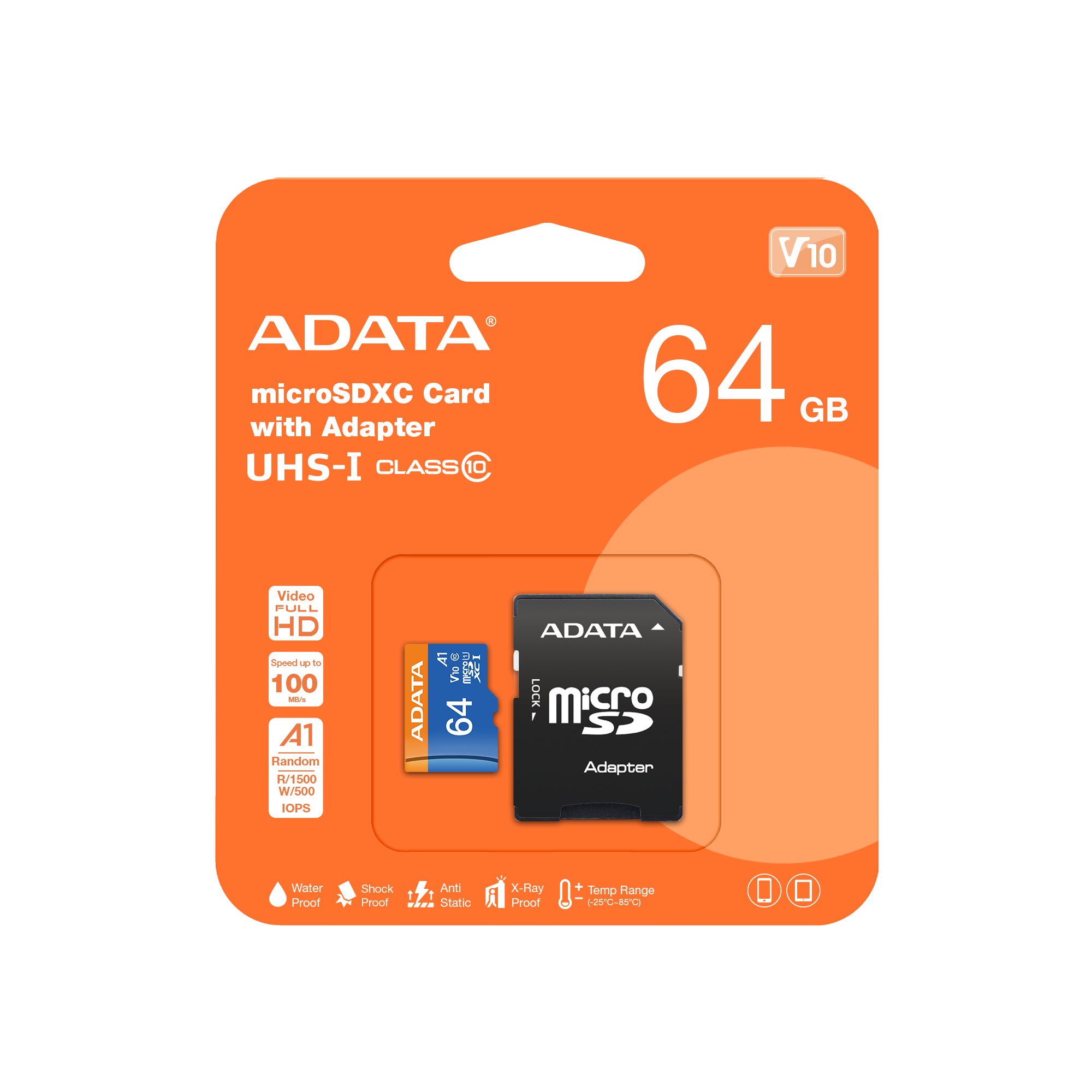 ADATA microSDXC 64 GB – UHS-I, Klasse 10, U1, A1, 85/25 MB/s, inkl. SD-Adapter