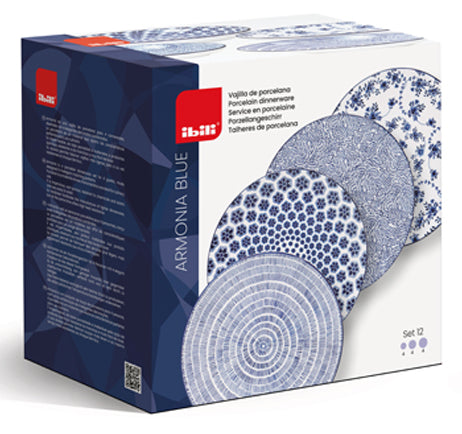 Ibili Teller Armonia – 12er Set, Ø 19/20/26,8 cm, Porzellan, Blau, spülmaschinenfest, mikrowellengeeignet
