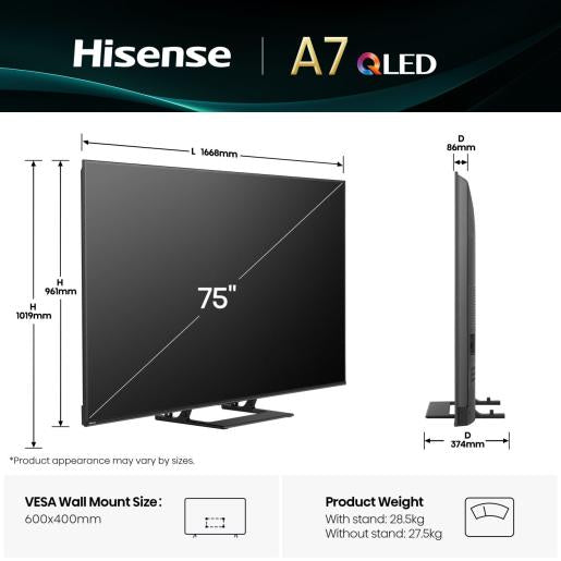 Hisense A7Q 75A7Q – 75" TV – 4K UHD – QLED – VIDAA – 60 Hz – Dolby Vision, HDR10, HLG