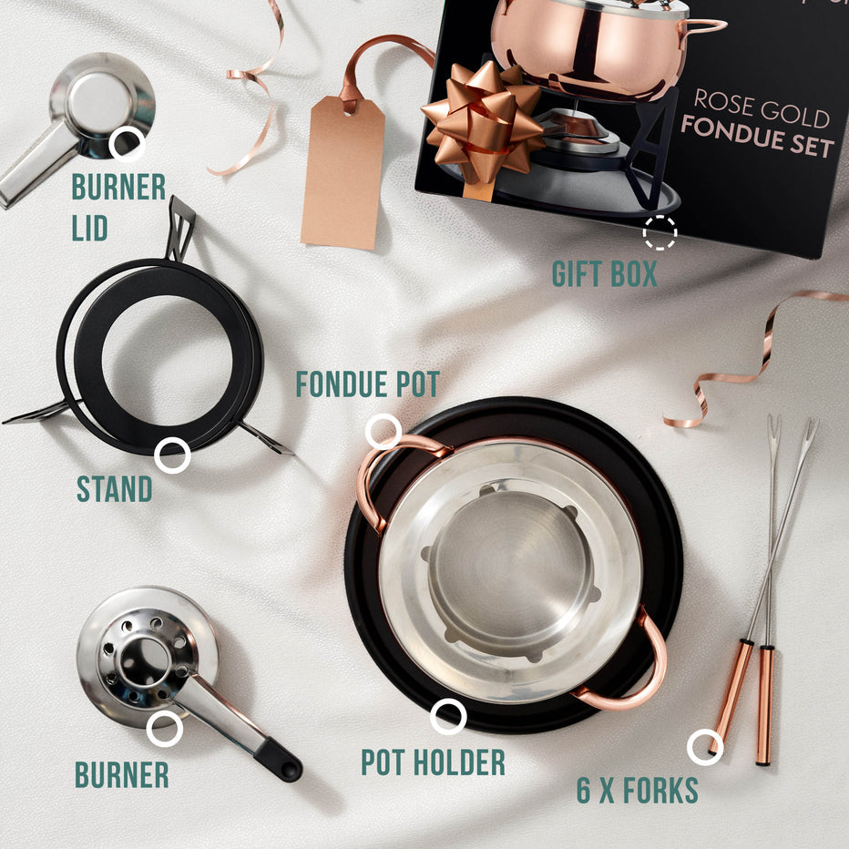 Oak & Steel Fondue-Set – 2 l – Edelstahl – für Schokoladenfondue – Roségold, 6 Personen