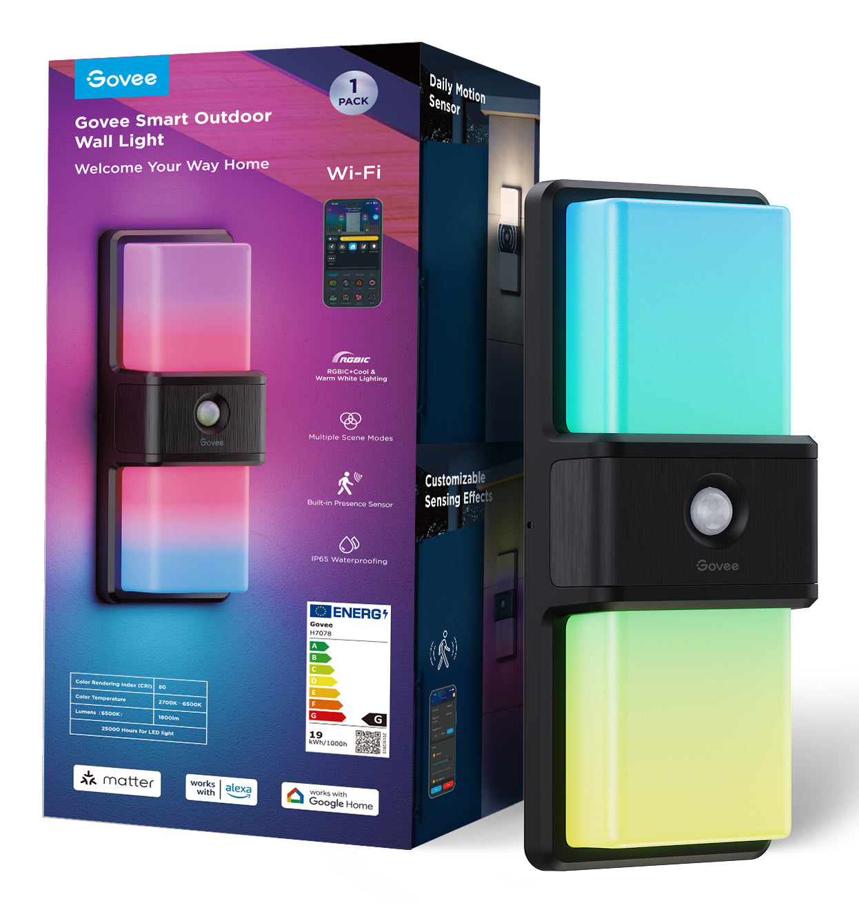Govee Aussenwandleuchte – 1 500 lm, 24 W – Mehrfarbig, 2700–6500 K – IP65 – Netzbetrieb – für Alexa, Google