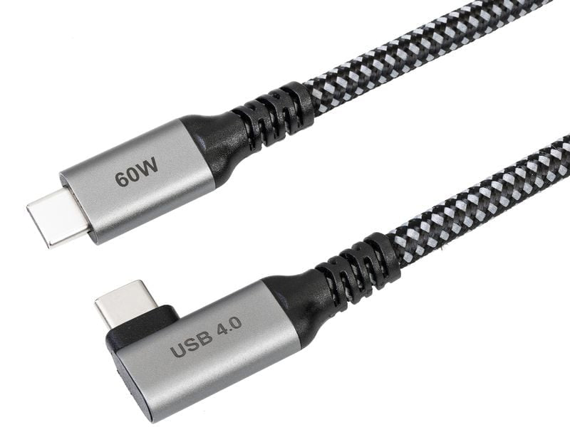 ONIT USB-C auf USB-C Kabel – USB4 20 Gbit/s – 5 m – PD 60 W – Textilmantel, Abgewinkelt – Schwarz/Grau