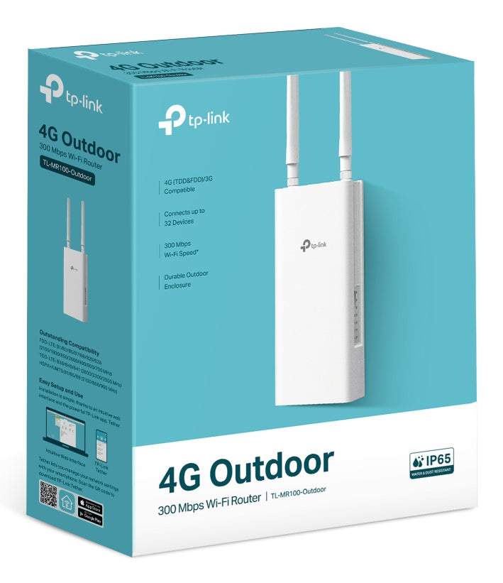 TP-Link TL-MR100-OUTDOOR – LTE-Router, Wi-Fi 4, 2,4 GHz, bis 300 Mbit/s, 1x LAN (Fast Ethernet), SIM-Slot