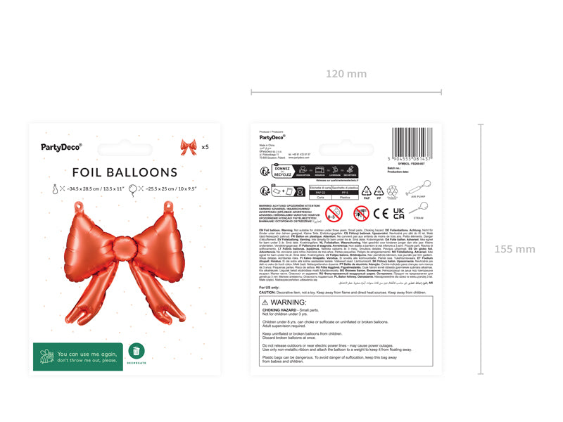PartyDeco Folienballon Schleife – Rot – 25 × 25 cm – 5 Stk