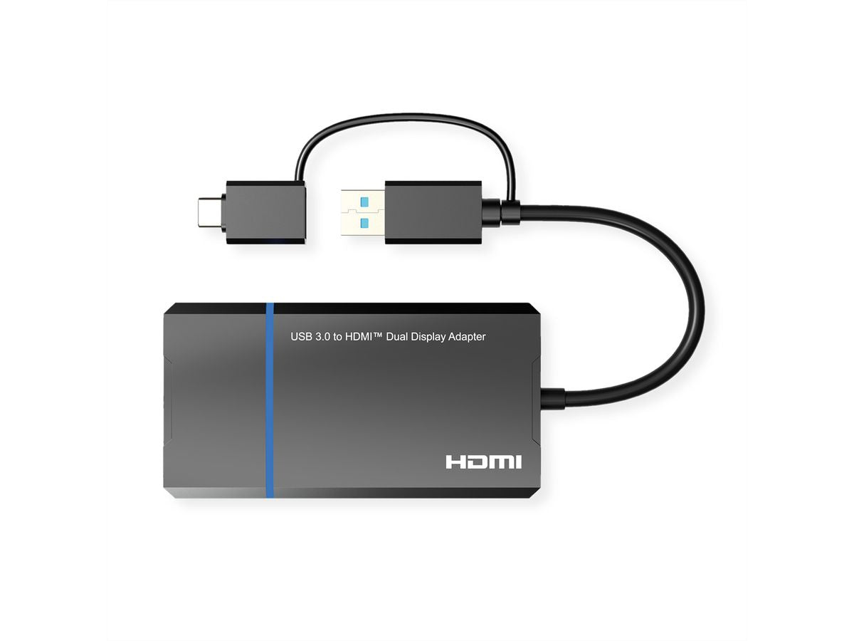 VALUE USB-A/USB-C Adapter zu 2× HDMI – 4K (3840 × 2160) @ 30 Hz + 1920 × 1080 @ 60 Hz, 0,15 m, USB 3.2 Gen 1