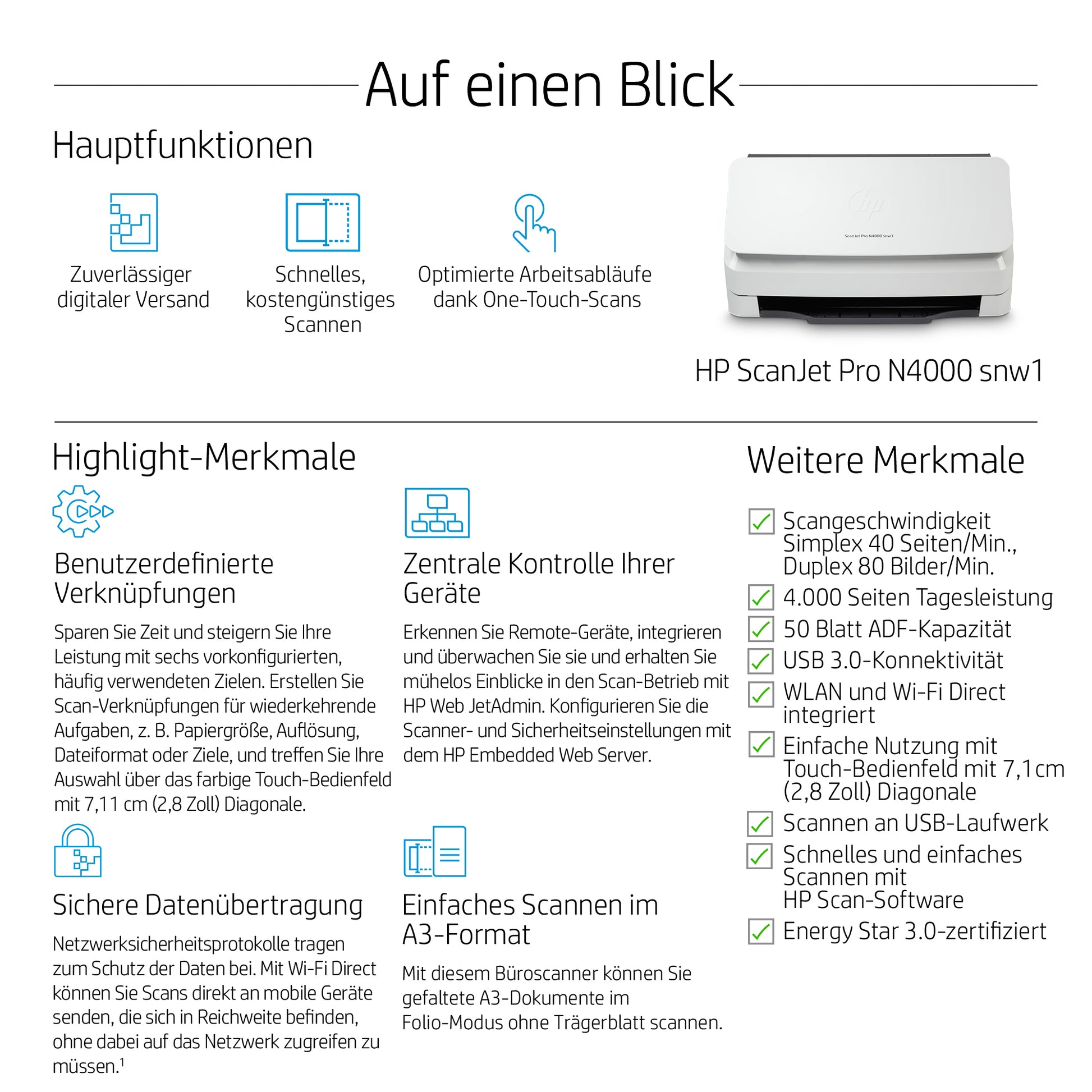 HP Scanjet Pro N4000 Snw1 – Dokumentenscanner, A4, Duplex, 600 dpi, ADF 50 Blatt, WLAN, LAN, USB