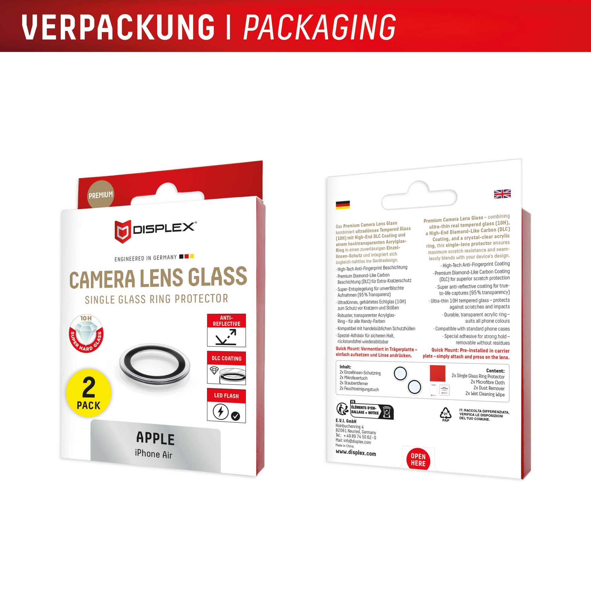 E.V.I. CamGlass – Kameraobjektivschutz – Härte 10H, schlag- und kratzfest – für iPhone Air