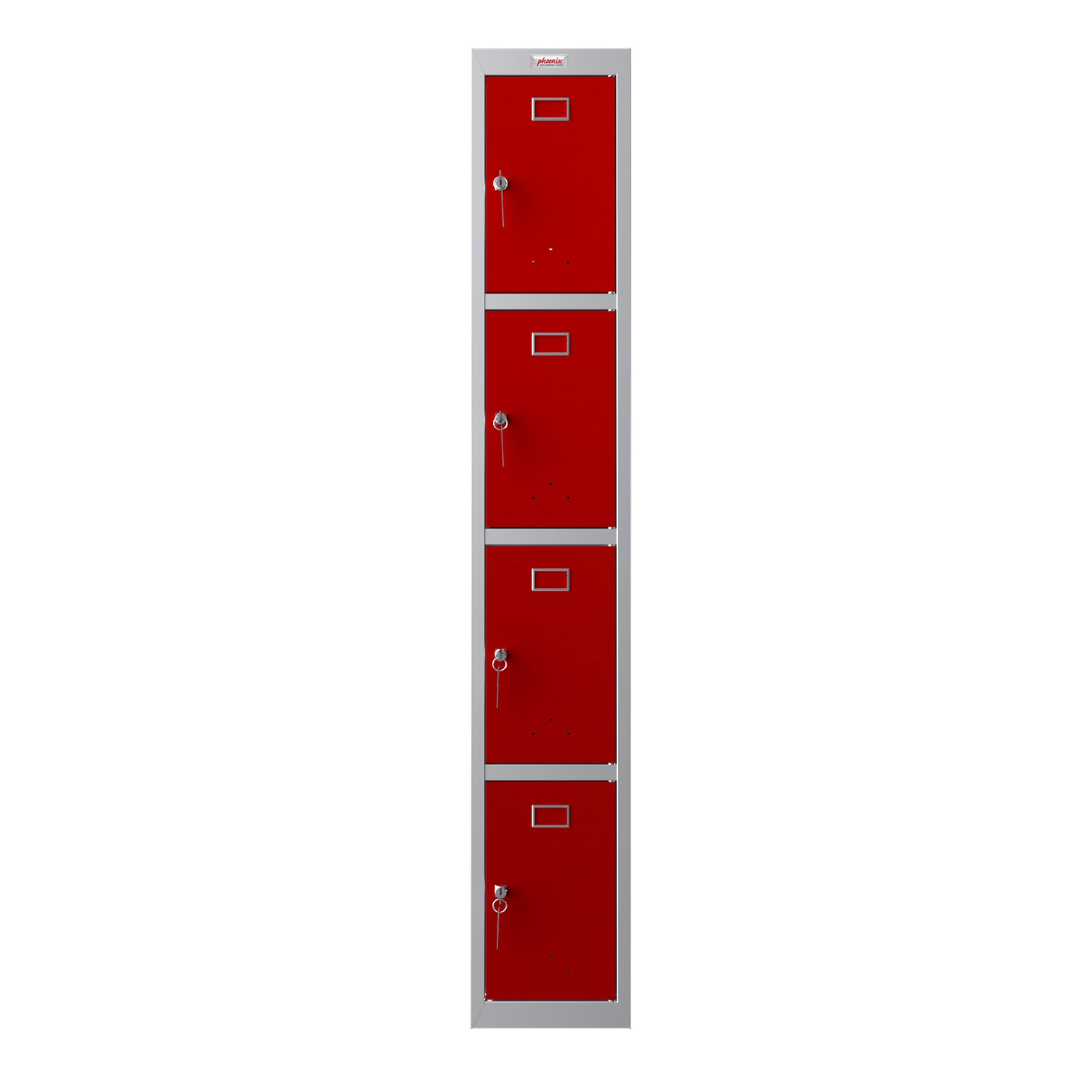 Phoenix Safe Co. PL1430 – Spind, 4 Türen, abschliessbar, 300 × 500 × 1'830 mm, Grau/Rot, Stahl