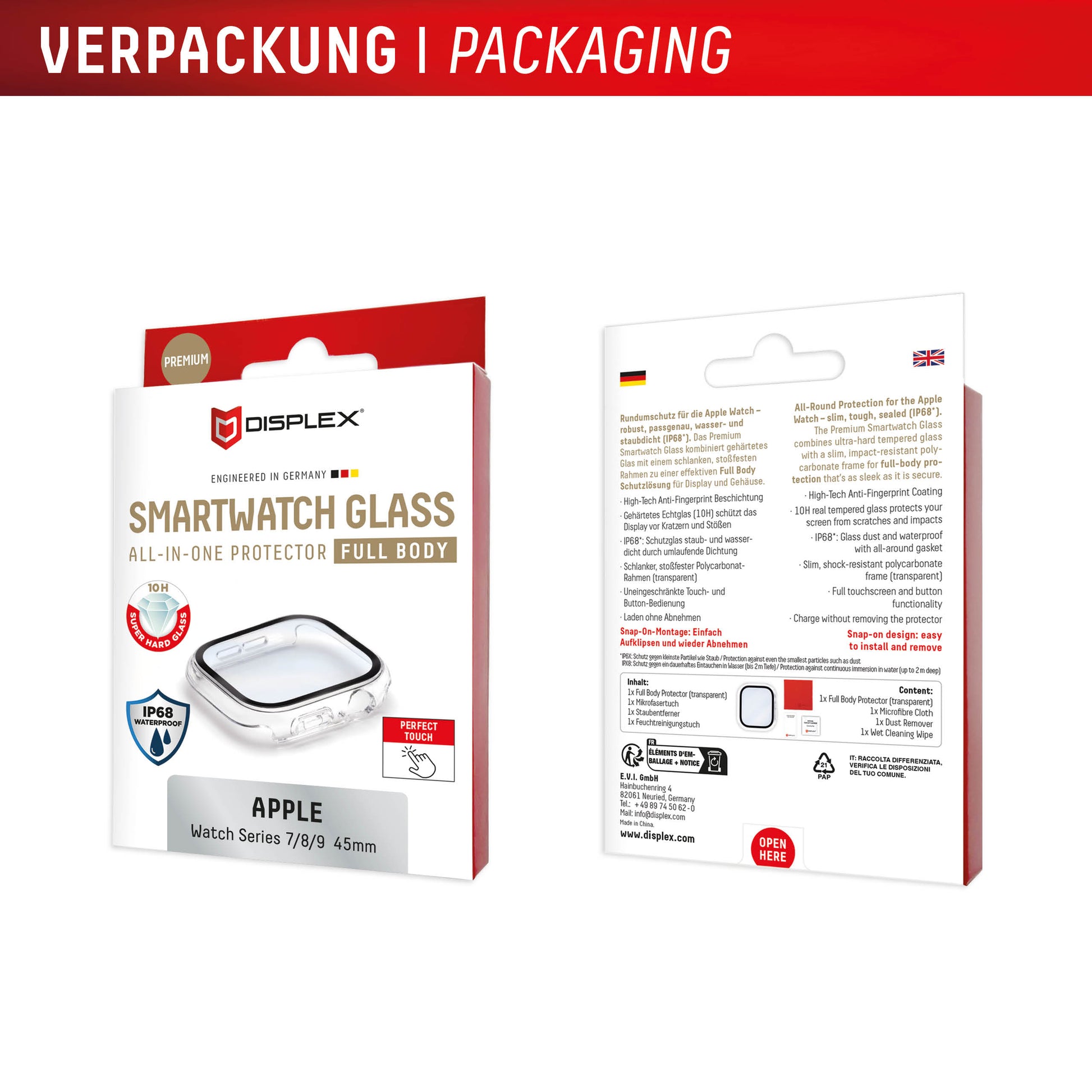 E.V.I. Displayschutz für Apple Watch Series 9/8/7 45 mm – Transparent, PC & gehärtetes Glas, 10H