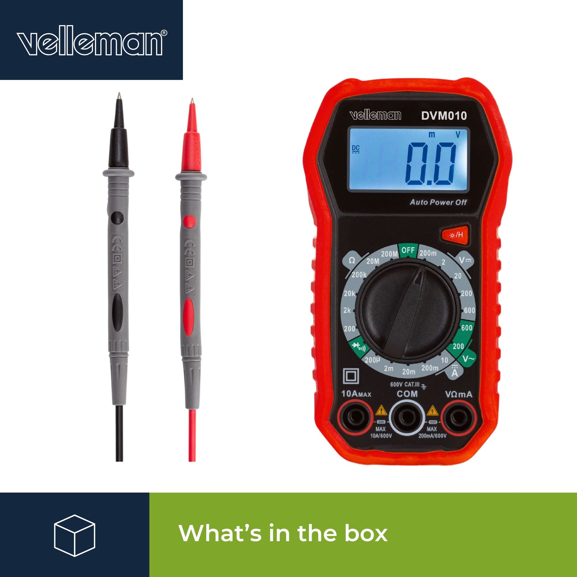 Velleman 469860 – Multimeter – 0,1–600 V AC, CAT III 600 V, Hintergrundbeleuchtung