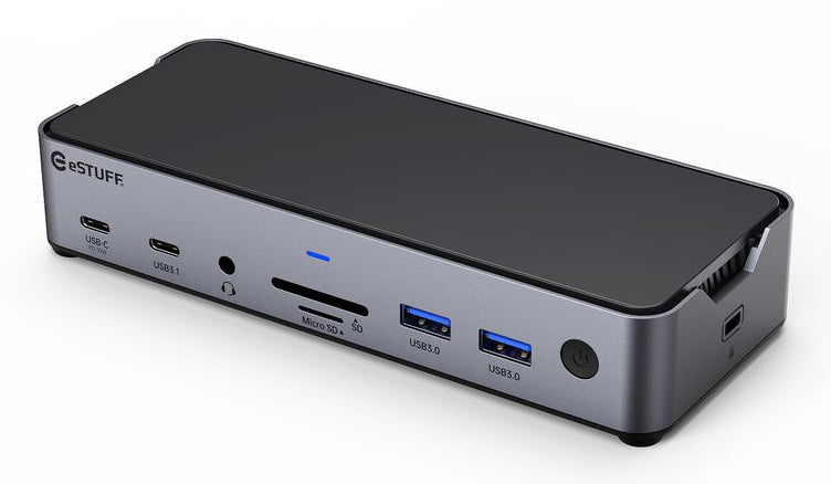 eSTUFF GLB232006 Dockingstation – USB-C, 1× DP, 2× HDMI, 3× USB-A, 2× USB-C, 100 W PD, GbE, SD/microSD