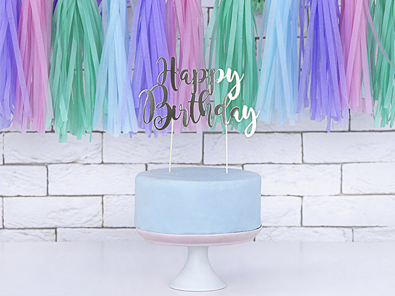 PartyDeco Kuchentopper Happy Birthday – silber – Höhe 22,5 cm – Papier – 1 Stk