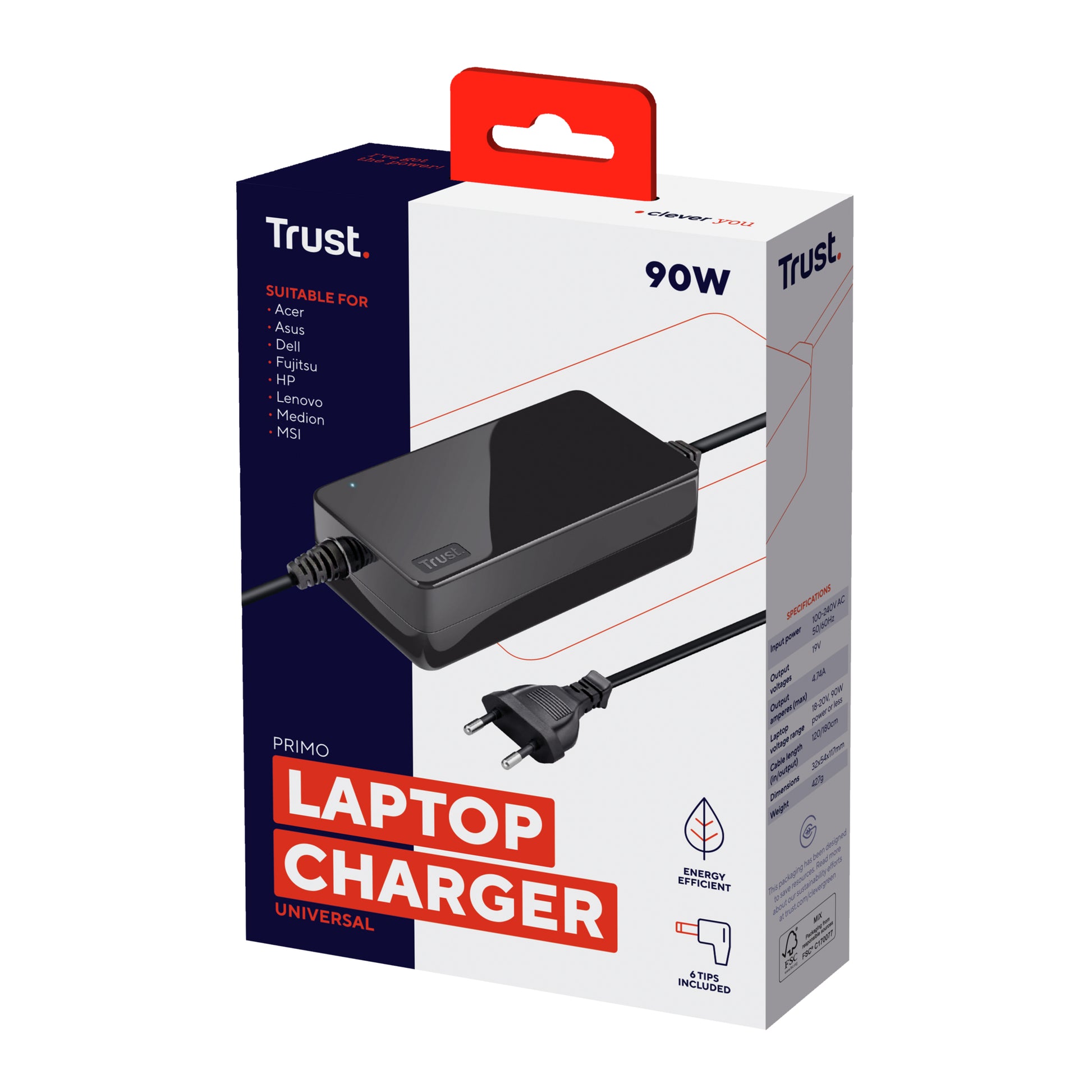 Trust Primo Netzteil 90 W (19 V) – für Laptop, universal – schwarz
