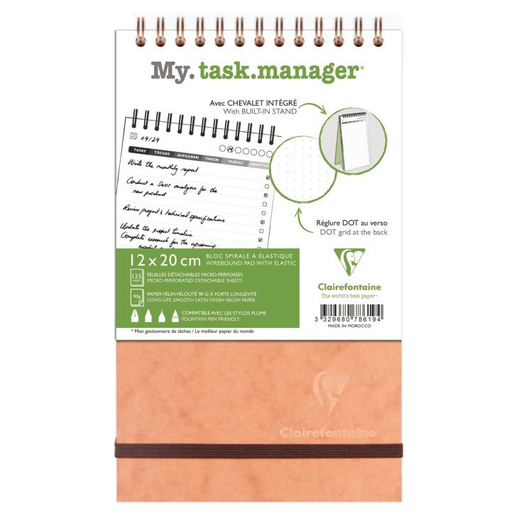 Clairefontaine TaskManager AgeBag – Planer ohne Jahr, 12 Monate, 12,0 × 18,0 cm, Hardcover, Gummiband, Braun