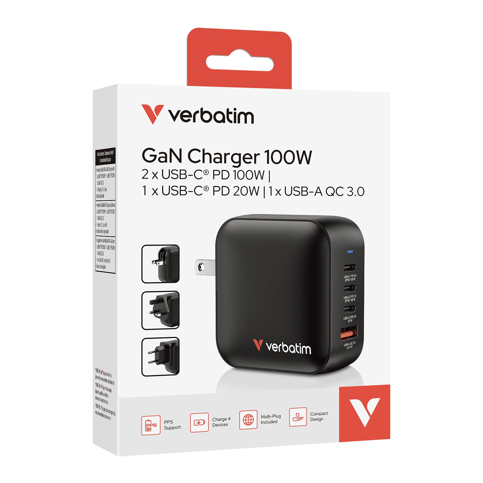 Verbatim Mini GaN Ladegerät (EU, UK, US) – 100 W, 3× USB-C + 1× USB-A, PD, QC, PPS