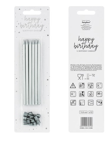 PartyDeco Geburtstagskerzen – Silber – 12,5 cm – 12 Stk – mit 12 Untertassen