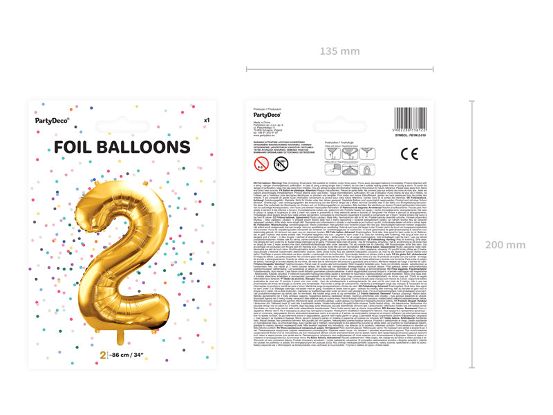 PartyDeco Folienballon Zahl 2 – Gold – 86 cm – Folie – 1 Stk